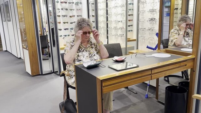 Senior woman seated at a consultation table opens an eyewear case, takes out a pair of sunglasses, briefly tries them on and removes them again while visiting an optical store. Static shot.