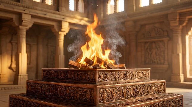 Copper Havan Kund Burning Inside Temple Setting