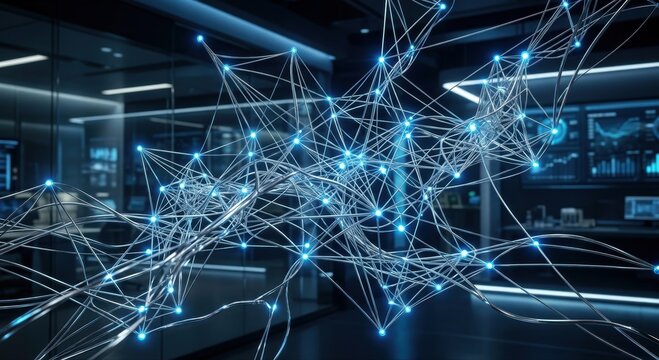 Intricate Gleaming Platinum Wire Sculpture with Glowing Blue Nodes and Connections