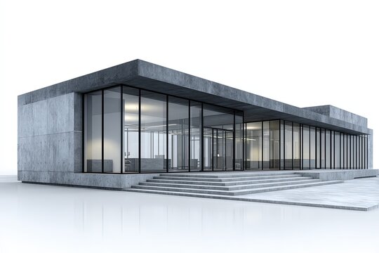 A modern, minimalist building with expansive glass walls and a concrete facade stands under a bright sky, showcasing sleek architectural design.
