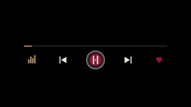 Animated music player widget features a gold progress bar advancing beside vinyl record play button, track controls and heart icon on black. Retro audio interface.