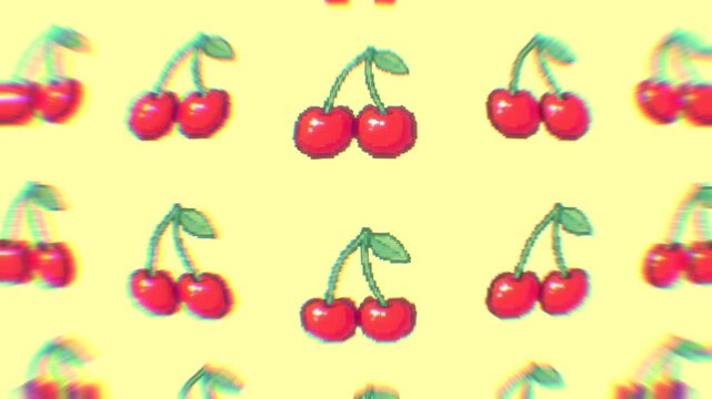 Glitchy pixel art cherries pulse with chromatic distortion on pastel yellow, creating a retro arcade pattern with datamoshed motion.