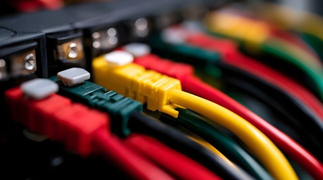 Close up of colorful network cables plugged into a server rack  showcasing vibrant yellow  red  and green connectors in sharp focus