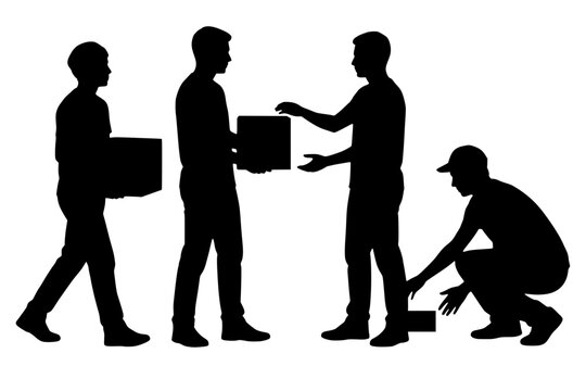 Black silhouettes of four figures handling boxes, bold vector design symbolizing teamwork, cooperation, logistics, and manual labor in a clean graphic style.