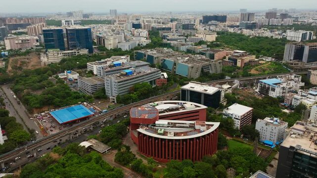 Deccan park TCS building with Cyber Gateway, Cyber Pearl, Cyber crown and Phoenix towers at hitec city, madhapur, hyderabad, telangana, india. day time, stable shot, drone shot, 4k.