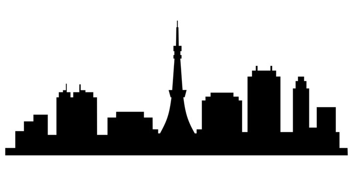 Bold black silhouette of Tokyo city skyline featuring a prominent communications tower surrounded by modern skyscrapers, minimalist illustration perfect for Japan, travel, and urban themes.