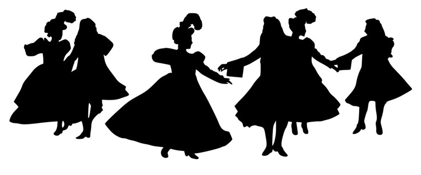 Black silhouettes of six figures in ornate 17th&ndash;18th century attire, bold vector design symbolizing elegance, courtly dance, and historical culture.