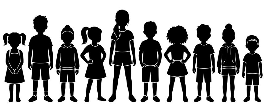 Black silhouettes of ten children in varied clothing and hairstyles, bold vector design symbolizing diversity, youth, and childhood unity in a clean graphic style.