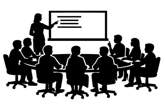 Black silhouettes of a group around a table with presenter at whiteboard, bold vector design symbolizing teamwork, corporate training, and professional collaboration.