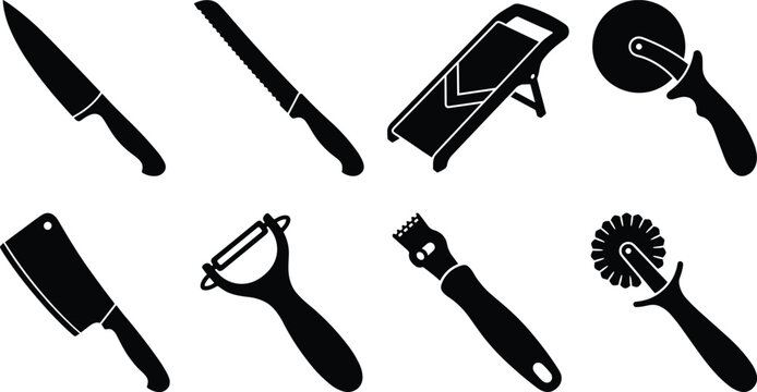 Black silhouette vector illustrations of kitchen cutting tools