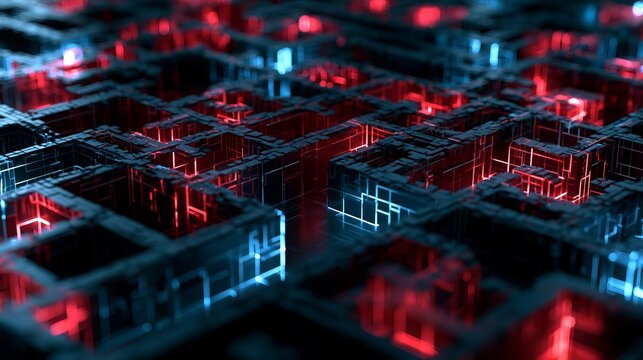 Complex network of interconnected cubes glows with vibrant red and blue light, creating a futuristic digital maze, ideal for technology concept imagery