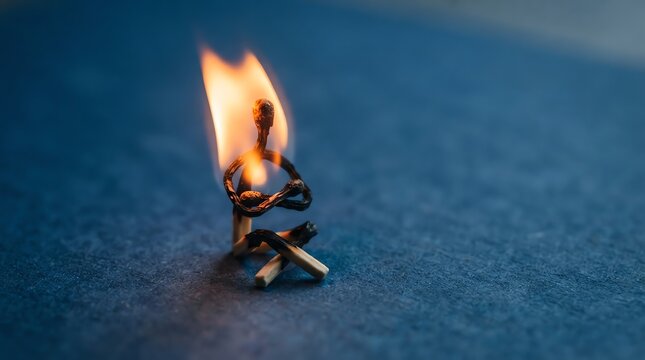 Close-up of Burning Matchstick on Blue Surface.