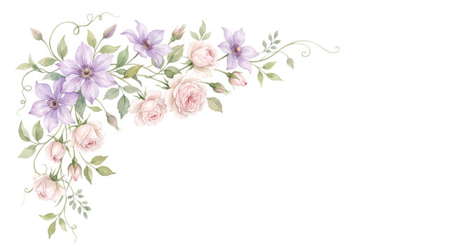 Watercolor corner arrangement with pink rose and purple clematis