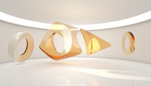 Abstract minimalist white environment with floating golden circular and triangular geometric rings geometric shapes triangles