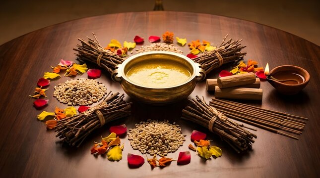 Sacred Fire Ritual Ingredients Arranged for Yajna Ceremony