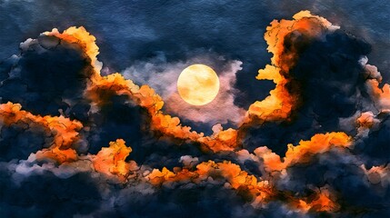 Fototapeta premium Ethereal watercolor of a glowing full moon amidst dramatic clouds with golden amber highlights