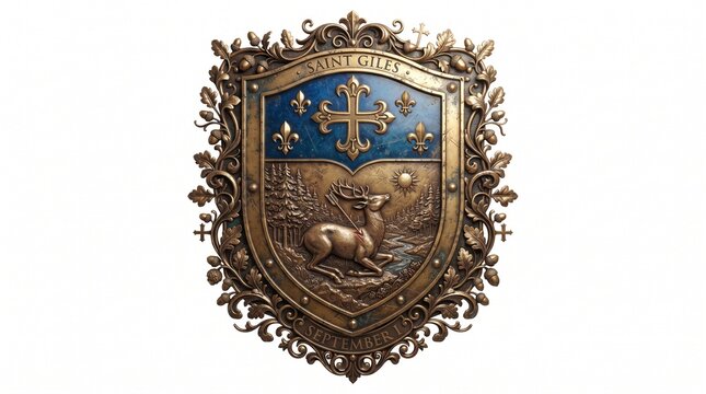 Decorative heraldic shield with lion and crown emblem for heraldry design