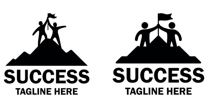 Black silhouette logo template of business partners reaching mountain peak with flag for success.