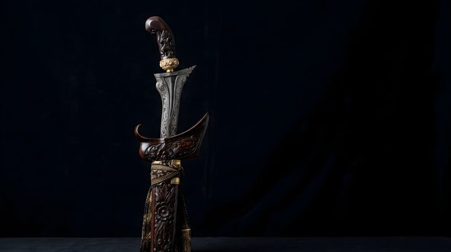 Premium Indonesian keris heritage presentation with detailed pamor and elegant dark lighting, designed for cultural tourism, museum branding, institutional campaigns, book covers.
