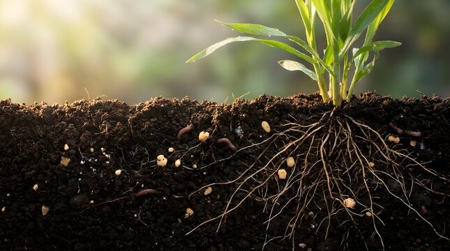 Corn plant with extensive root system growing in dark rich soil