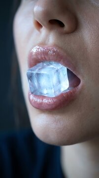 Close-up of Person with Ice Cube in Mouth.