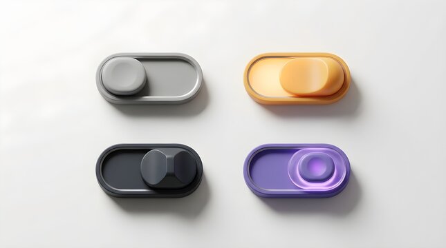 Four modern toggle switches in different colors on clean background