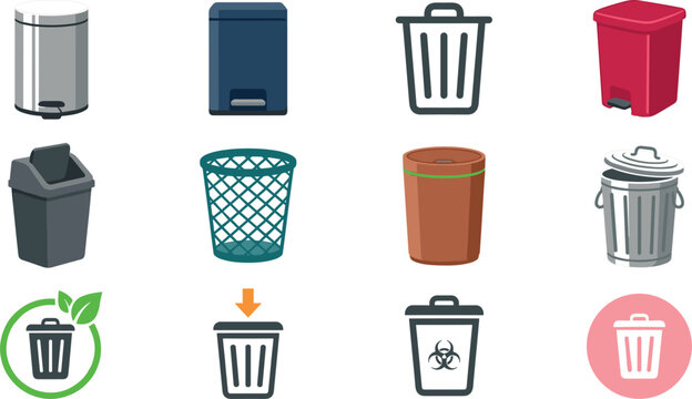 Trash Can and Waste Disposal Bin Icon Set Featuring Foot Pedal Dustbins, Mesh Office Baskets, Biohazard Containers, and Eco Recycling Vector Designs (22 words)