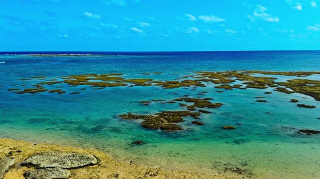 Scenic Views From The Hamabe no Chaya Window-side Cafe Near Mibaru Beach In Nanjo, Okinawa, Japan. Wide Shot