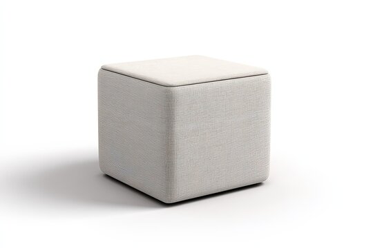A modern cube ottoman with soft, rounded edges and a textured fabric upholstery sits in a clean, bright studio setting, its simple design emphasizing comfort and versatility.