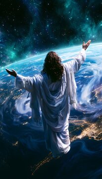 Cinematic Painting of Jesus Christ Blessing Earth from Space Amidst a Radiant Celestial Nebula