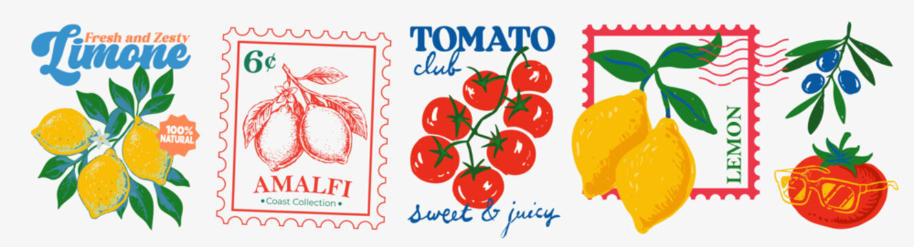Mediterranean fruit collection featuring hand drawn lemons, tomatoes, olive branches and an Amalfi postage stamp. Italian summer inspired illustrations for packaging, labels, branding and stationery.