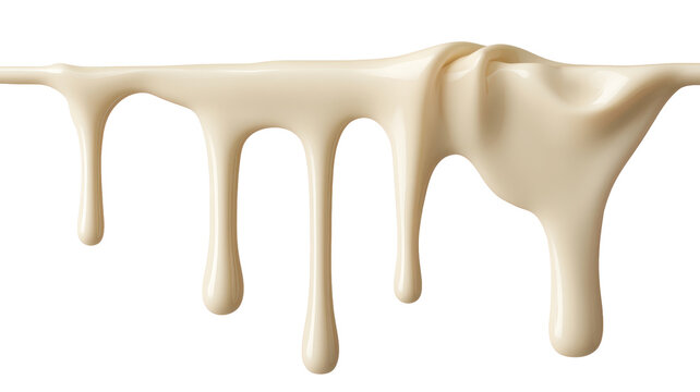 Dripping cream pouring down. White chocolate glaze flowing smoothly. Liquid vanilla icing stream. Viscous sweet dessert sauce splashing. Soft creamy fluid spreading