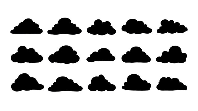 Set of dark clouds silhouettes on transparent background, representing different weather conditions, atmospheric elements, smoke, steam, and storm icons for design projects