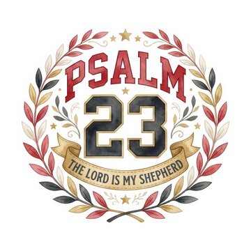 Design of Psalm 23 with a decorative wreath and clear text showing the words The Lord Is My Shepherd