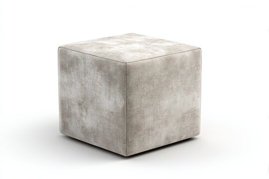 A simple cube-shaped ottoman upholstered in a textured gray fabric, showcasing a minimalist design with a subtle marbled effect, resting on a clean white background.