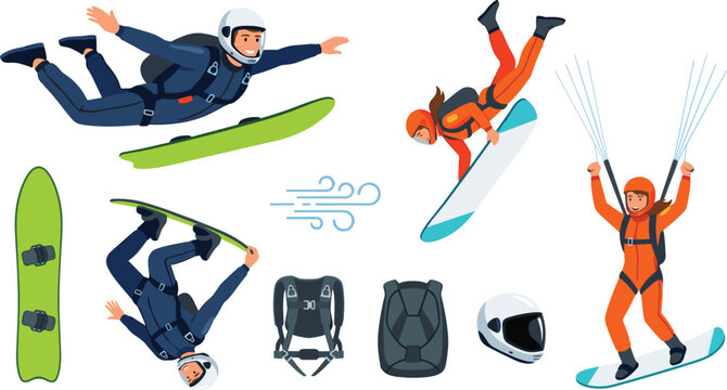 Extreme Skydiving and Skysurfing Vector Character Set Featuring Skysurfers Freefalling and Paragliding with Board Helmet Parachute Backpack and Wind Elements for Sports Designs
