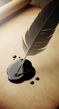 Feather quill with inkwell on parchment background.