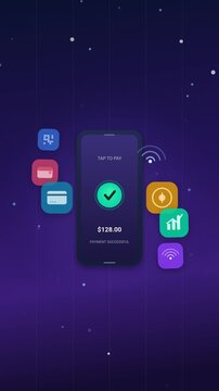Digital Payment Network Flowing Through Smart City Skyline Animation