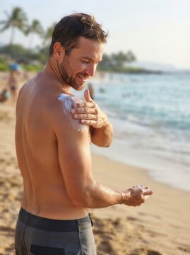 A sun-kissed man applying protective lotion on his shoulder at a serene tropical beach