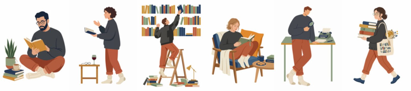 Set of flat illustrations featuring people reading, writing, and organizing books in various cozy domestic and library environments.