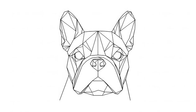 Minimalist geometric line art illustration of a French Bulldog head, black wireframe polygon design on white background.