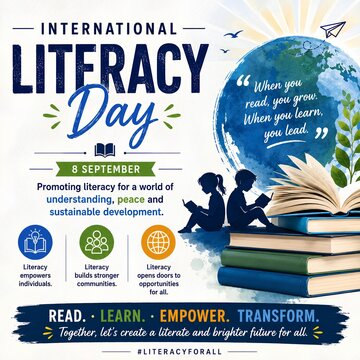 International literacy day poster design with stack of books and globe