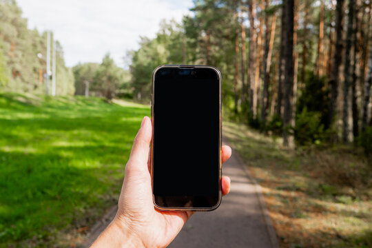 Close-up of a hand holding a smartphone with a blank black screen mock-up on a blurred forest path background. Mobile technology template, digital detox, and travel app concept.