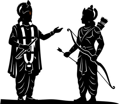 Lord Krishna guiding archer warrior Arjuna with bow and arrow Gita Updesh scene solid black silhouette style vector isolated on white background