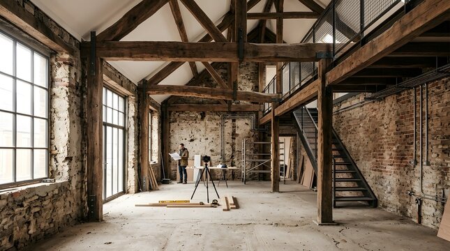 Architect inspecting a rustic barn conversion project
