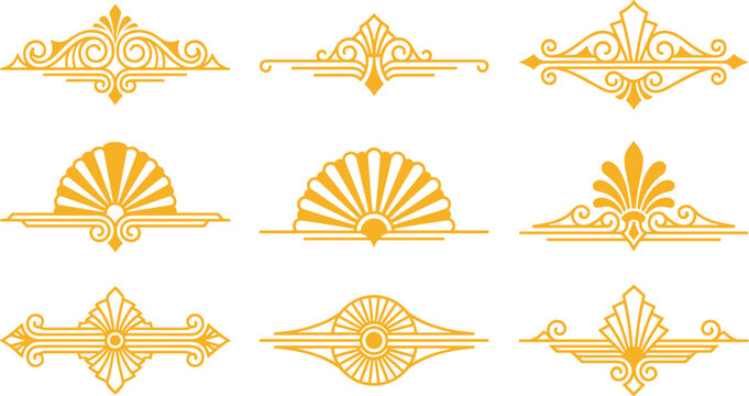 Art deco vintage dividers, set of 9 golden ornamental headers, luxury geometric borders for wedding invitations and branding