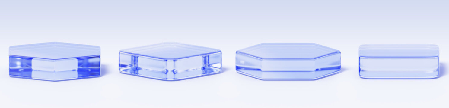 3D square and hexagon glass podiums set. Transparent blue platforms for display product isolated on light bg. Ice crystal bases, acrylic stands, pentagon and cube block pedestals. 3D illustration
