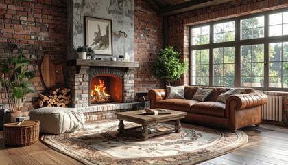 Naklejka premium Cozy Traditional Living Room Interior with Stone Fireplace, Wooden Furniture, Vintage Decor and Warm Firelight for Christmas Holiday Home Design