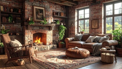 Naklejka premium Cozy Traditional Living Room Interior with Stone Fireplace, Wooden Furniture, Vintage Decor and Warm Firelight for Christmas Holiday Home Design
