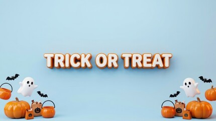Fototapeta premium A festive trick or treat 3d halloween typography design featuring cute pumpkins and ghosts on a soft blue background